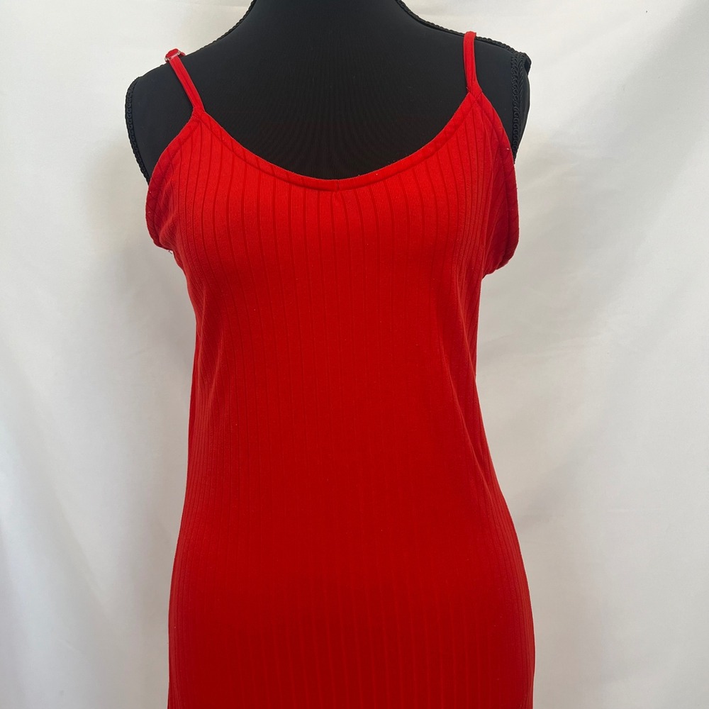 Maxi Dress Red Ribbed Spaghetti Strap Side‎ Slit Size L - Picture 4 of 13